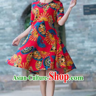 Traditional Chinese National Costume, Elegant Hanfu Printing Color Matching Dress, China Tang Suit Cheongsam Upper Outer Garment Elegant Red Dress Clothing for Women