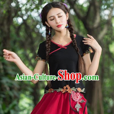 Traditional Ancient Chinese National Costume, Elegant Hanfu Embroidered Flowers Lower Hem Shirt, China Tang Suit Blouse Cheongsam Qipao Shirts Clothing for Women
