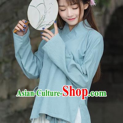 Traditional Ancient Chinese National Costume, Elegant Hanfu Linen Blue Shirt, China Ming Dynasty Tang Suit Blouse Cheongsam Qipao Shirts Clothing for Women