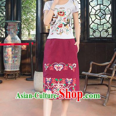 Traditional Ancient Chinese National Costume One-Step Skirt, Elegant Hanfu Embroidered Long Dress, China Tang Suit Red Bust Skirt for Women