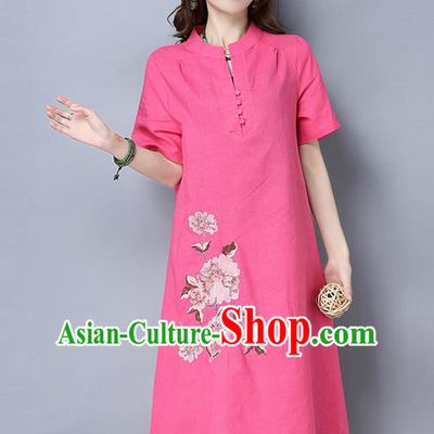 Traditional Ancient Chinese National Costume, Elegant Hanfu Mandarin Collar Qipao Linen Pink Dress, China Tang Suit Cheongsam Upper Outer Garment Elegant Dress Clothing for Women