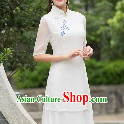 Traditional Ancient Chinese National Costume, Elegant Hanfu Mandarin Collar Qipao Printing Plum Blossom Dress, China Tang Suit Cheongsam Upper Outer Garment Elegant Dress Clothing for Women