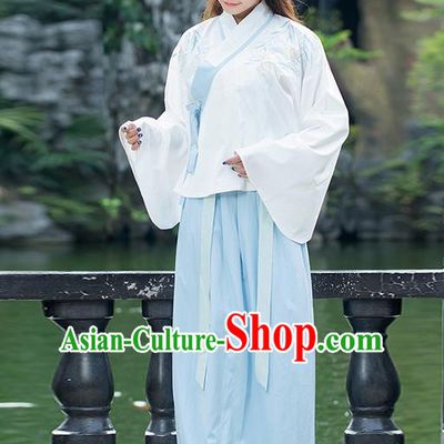 Traditional Chinese Ancient Costume, Elegant Hanfu Clothing Embroidered Sleeve Placket Blouse and Dress, China Ming Dynasty Elegant Blue Blouse and Skirt Complete Set for Women