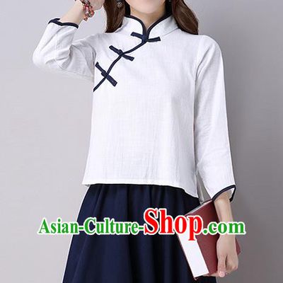 Traditional Ancient Chinese National Costume, Elegant Hanfu Linen Stand Collar Shirt, China Tang Suit Mandarin Collar Blouse Cheongsam Qipao White Shirts Clothing for Women