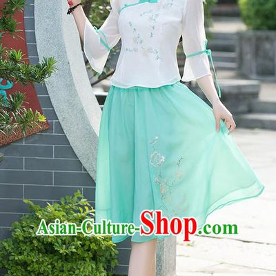 Traditional Ancient Chinese National Pleated Skirt Costume, Elegant Hanfu Embroidered Chiffon Blue Short Dress, China Tang Suit Bust Skirt for Women
