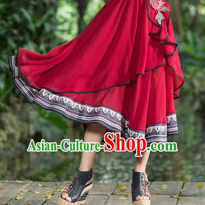 Traditional Ancient Chinese National Costume Pleated Skirt, Elegant Hanfu Embroidered Big Swing Dress, China Tang Suit Bust Skirt for Women