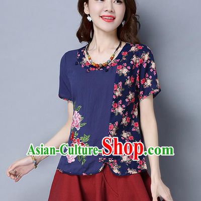 Traditional Chinese National Costume, Elegant Hanfu Multicolor Round Collar T-Shirt, China Tang Suit Navy Blouse Cheongsam Qipao Shirts Clothing for Women