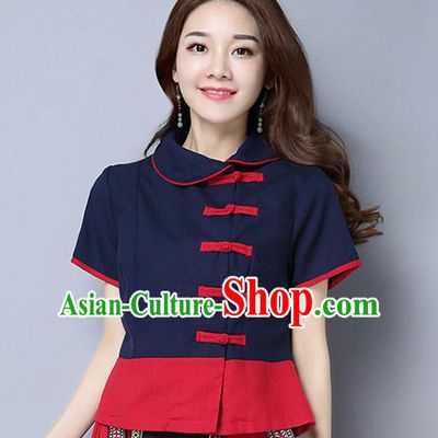 Traditional Chinese National Costume, Elegant Hanfu Lapel Shirt, China Tang Suit Blouse Cheongsam Qipao Navy Shirts Clothing for Women