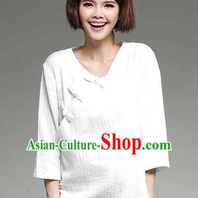 Traditional Ancient Chinese National Costume, Elegant Hanfu Plated Buttons Shirt, China Tang Suit Slant Opening White Blouse Cheongsam Qipao Shirts Clothing for Women