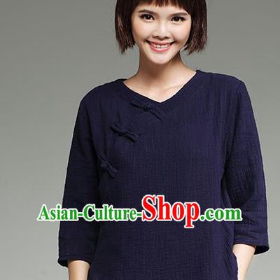 Traditional Ancient Chinese National Costume, Elegant Hanfu Plated Buttons Shirt, China Tang Suit Slant Opening Navy Blouse Cheongsam Qipao Shirts Clothing for Women