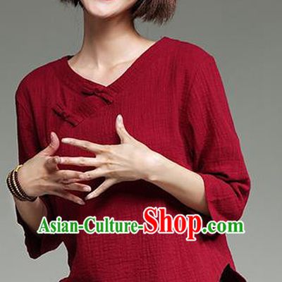Traditional Ancient Chinese National Costume, Elegant Hanfu Plated Buttons Shirt, China Tang Suit Slant Opening Red Blouse Cheongsam Qipao Shirts Clothing for Women