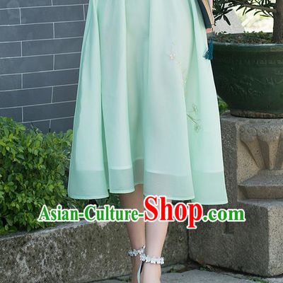 Traditional Ancient Chinese National Pleated Skirt Costume, Elegant Hanfu Embroidered Chiffon Green Dress, China Tang Suit Bust Skirt for Women