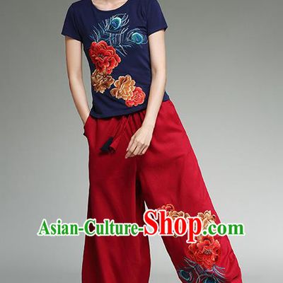 Traditional Chinese National Costume Plus Fours, Elegant Hanfu Embroidered Red Bloomers, China Ethnic Minorities Tang Suit Pantalettes for Women