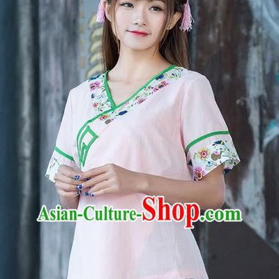 Traditional Ancient Chinese National Costume, Elegant Hanfu Embroidered Slant Opening Pink Shirt, China Ming Dynasty Tang Suit Blouse Cheongsam Qipao Shirts Clothing for Women