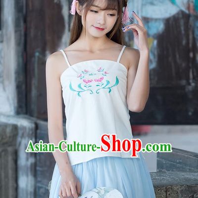 Traditional Ancient Chinese National Costume, Elegant Hanfu Bellyband Shirt, China Tang Suit Embroidery Undergarment Blouse Cheongsam Beige Camisole Shirts Clothing for Women