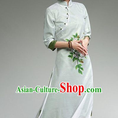 Traditional Ancient Chinese National Costume, Elegant Hanfu Mandarin Qipao Linen Hand Painting Dress, China Tang Suit Cheongsam Upper Outer Garment Elegant Dress Clothing for Women
