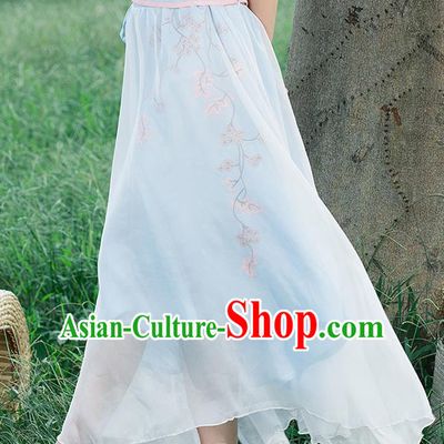 Traditional Ancient Chinese National Pleated Skirt Costume, Elegant Hanfu Embroidered Waistband Long Dress, China Tang Suit Blue Bust Skirt for Women
