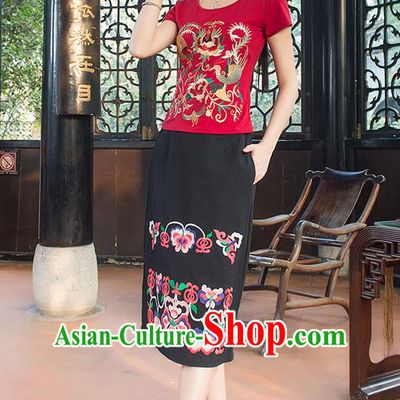 Traditional Chinese National Costume, Elegant Hanfu Embroidery Phoenix Totem Red T-Shirt, China Tang Suit Blouse Cheongsam Upper Outer Garment Qipao Shirts Clothing for Women