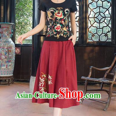 Traditional Chinese National Costume, Elegant Hanfu Embroidery Phoenix Totem Black T-Shirt, China Tang Suit Blouse Cheongsam Upper Outer Garment Qipao Shirts Clothing for Women
