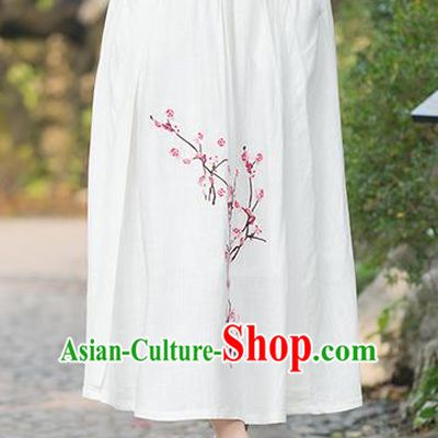 Traditional Ancient Chinese National Costume Pleated Skirt, Elegant Hanfu Embroidered Plum Blossom Linen White Dress, China Tang Suit Bust Skirt for Women