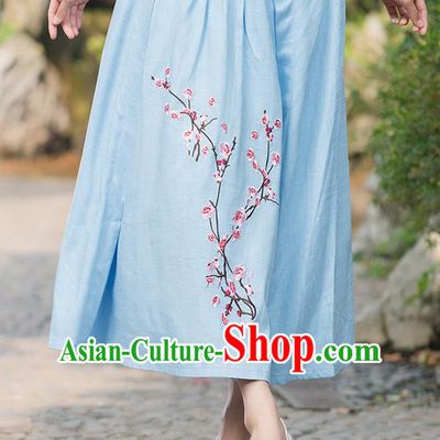 Traditional Ancient Chinese National Costume Pleated Skirt, Elegant Hanfu Embroidered Plum Blossom Linen Blue Dress, China Tang Suit Bust Skirt for Women
