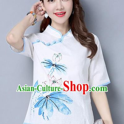 Traditional Ancient Chinese National Costume, Elegant Hanfu Stand Collar Painting Lotus White Shirt, China Tang Suit Mandarin Collar Blouse Cheongsam Qipao Shirts Clothing for Women