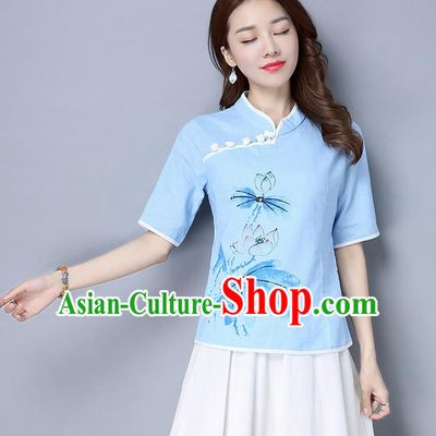 Traditional Ancient Chinese National Costume, Elegant Hanfu Stand Collar Painting Lotus Blue Shirt, China Tang Suit Mandarin Collar Blouse Cheongsam Qipao Shirts Clothing for Women