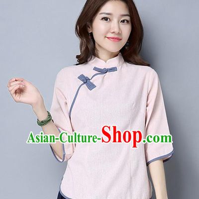 Traditional Ancient Chinese National Costume, Elegant Hanfu Slant Opening Pink Shirt, China Tang Suit Mandarin Collar Blouse Cheongsam Qipao Shirts Clothing for Women