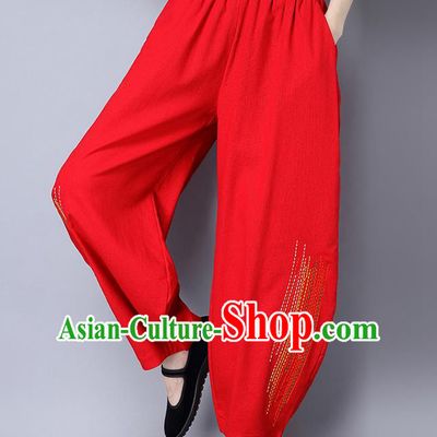 Traditional Chinese National Costume Plus Fours, Elegant Hanfu Embroidered Red Bloomers, China Ethnic Minorities Tang Suit Pantalettes for Women