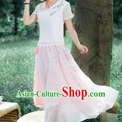 Traditional Ancient Chinese National Pleated Skirt Costume, Elegant Hanfu Embroidered Waistband Long Dress, China Tang Suit Pink Bust Skirt for Women