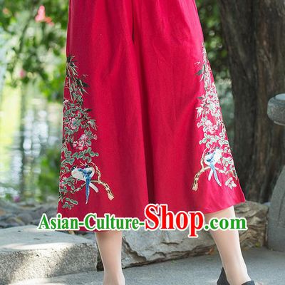 Traditional Chinese National Costume Pantskirt, Elegant Hanfu Embroidered Red Loose Pants, China Ethnic Minorities Tang Suit Ultra-Wide-Leg Trousers for Women