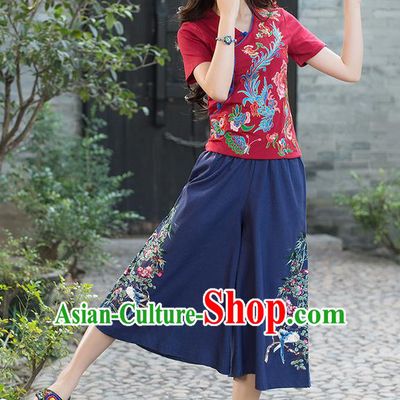 Traditional Chinese National Costume Pantskirt, Elegant Hanfu Embroidered Navy Loose Pants, China Ethnic Minorities Tang Suit Ultra-Wide-Leg Trousers for Women