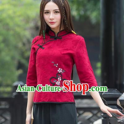 Traditional Ancient Chinese National Costume, Elegant Hanfu Jacquard Weave Slant Opening Red Shirt, China Tang Suit Blouse Cheongsam Qipao Shirts Clothing for Women