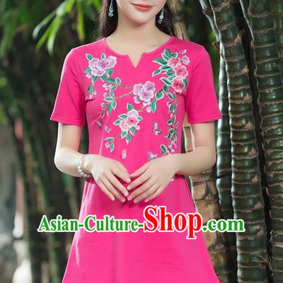 Traditional Chinese National Costume, Elegant Hanfu Embroidery Peach Blossom Flowers Pink T-Shirt, China Tang Suit Blouse Cheongsam Upper Outer Garment Qipao Shirts Clothing for Women