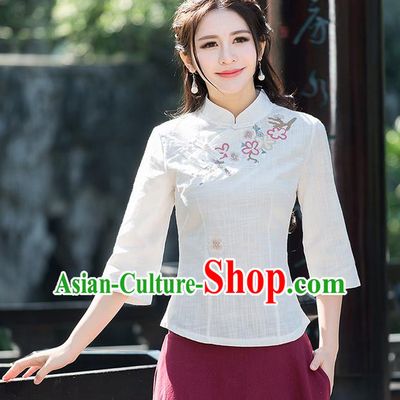 Traditional Ancient Chinese National Costume, Elegant Hanfu Linen Stand Collar Embroidered Shirt, China Tang Suit Mandarin Collar Blouse Cheongsam Qipao Shirts Clothing for Women