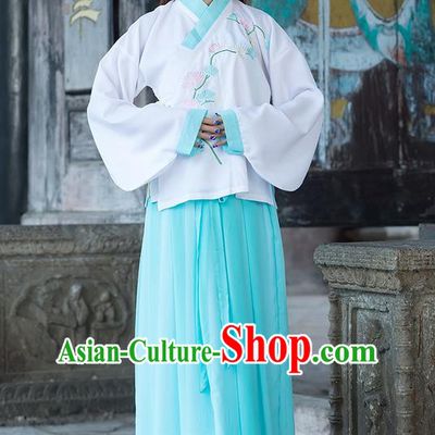 Traditional Chinese Ancient Costume, Elegant Hanfu Clothing Embroidered Wide Sleeve Blouse and Dress, China Ming Dynasty Elegant Blue Blouse and Skirt Complete Set for Women