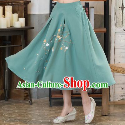 Traditional Ancient Chinese National Pleated Skirt Costume, Elegant Hanfu Embroidered Long Dress, China Tang Suit Green Bust Skirt for Women