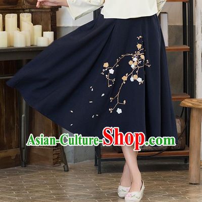 Traditional Ancient Chinese National Pleated Skirt Costume, Elegant Hanfu Embroidered Long Dress, China Tang Suit Royalblue Bust Skirt for Women