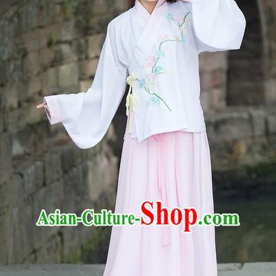 Traditional Chinese Ancient Costume, Elegant Hanfu Clothing Embroidered Wide Sleeve Blouse and Dress, China Ming Dynasty Elegant Pink Blouse and Skirt Complete Set for Women