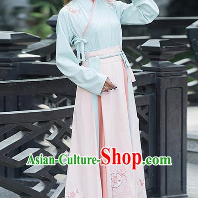 Traditional Chinese Ancient Costume, Elegant Hanfu Clothing Embroidered Slant Opening Blouse and Dress, China Ming Dynasty Elegant Blouse and Skirt Complete Set for Women