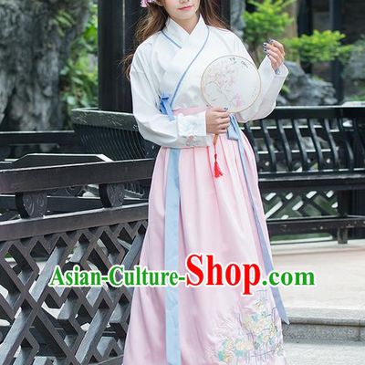 Traditional Ancient Chinese Costume, Elegant Hanfu Clothing Embroidered Slant Opening Blouse and Dress, China Ming Dynasty Elegant Blouse and Pink Ru Skirt Complete Set for Women
