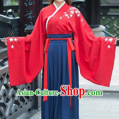 Traditional Ancient Chinese Costume, Elegant Hanfu Clothing Embroidered Maple Leaf Wide Sleeve Blouse and Dress, China Ming Dynasty Elegant Red Blouse and Skirt Complete Set for Women