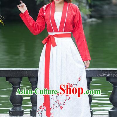Traditional Ancient Chinese Costume, Elegant Hanfu Clothing Embroidered Peach Flower Blouse and Dress, China Ming Dynasty Elegant Red Blouse and Skirt Complete Set for Women