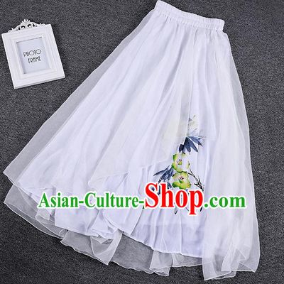 Traditional Chinese National Costume Pleated Skirt, Elegant Hanfu Printing Chiffon White Half Dress, China Tang Suit Bust Skirt for Women