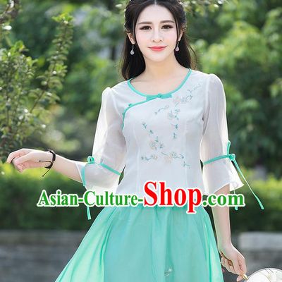 Traditional Ancient Chinese National Costume, Elegant Hanfu Chiffon Embroidered White Shirt, China Tang Suit Mandarin Sleeve Blouse Cheongsam Qipao Shirts Clothing for Women