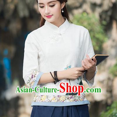 Traditional Ancient Chinese National Costume, Elegant Hanfu Linen Embroidered White Shirt, China Tang Suit Mandarin Collar Blouse Cheongsam Qipao Shirts Clothing for Women