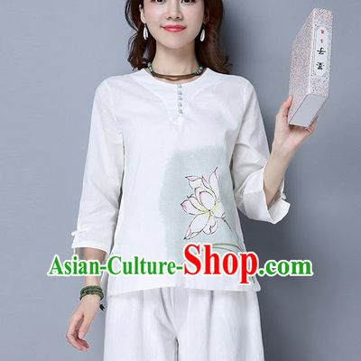 Traditional Chinese National Costume, Elegant Hanfu Painting Lotus T-Shirt, China Tang Suit Blouse Cheongsam Qipao Shirts Clothing for Women