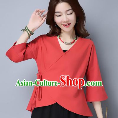 Traditional Chinese National Costume, Elegant Hanfu Slant Opening Red T-Shirt, China Tang Suit Blouse Cheongsam Qipao Shirts Clothing for Women