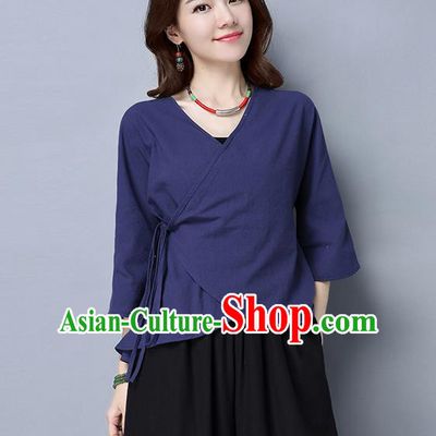 Traditional Chinese National Costume, Elegant Hanfu Slant Opening Navy T-Shirt, China Tang Suit Blouse Cheongsam Qipao Shirts Clothing for Women