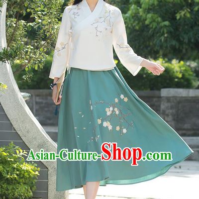 Traditional Chinese National Pleated Skirt Costume, Elegant Hanfu Embroidered Plum Blossom Long Green Dress, China Tang Suit Bust Skirt for Women